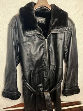 Wilson Black Leather Coat with Shearling Trim